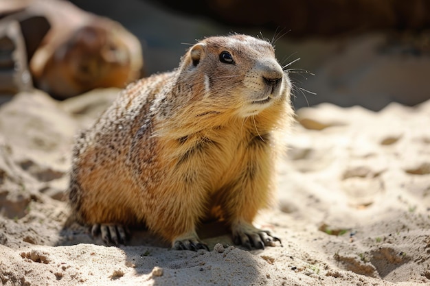 Marmotte nel loro habitat naturale Cuccioli mammiferi che festeggiano sulla sabbia con la luce che splende