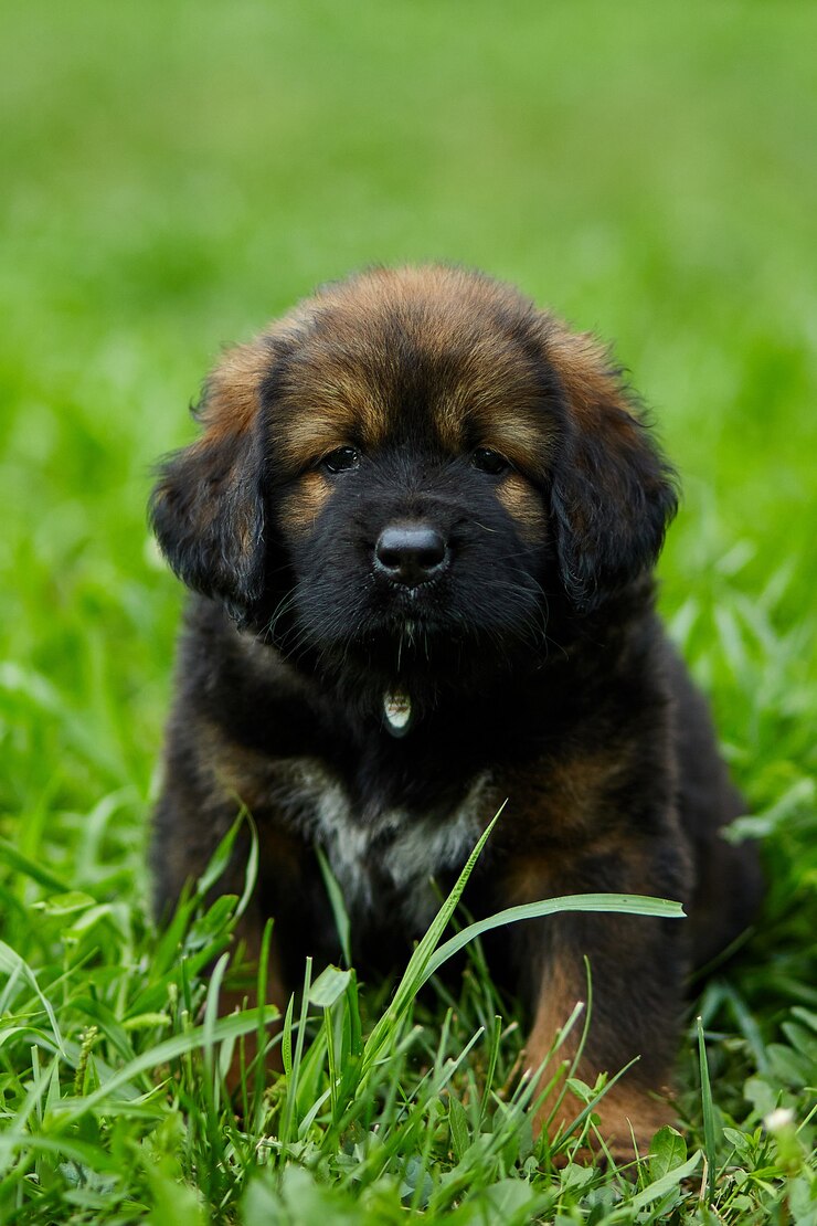 Foto marrone carino cucciolo felice terranova, cane adorabile sorriso