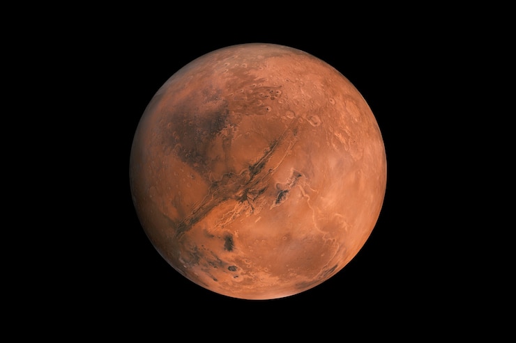 Photo mars dengan latar belakang hitam terisolasi. elemen planet merah mars untuk desainer