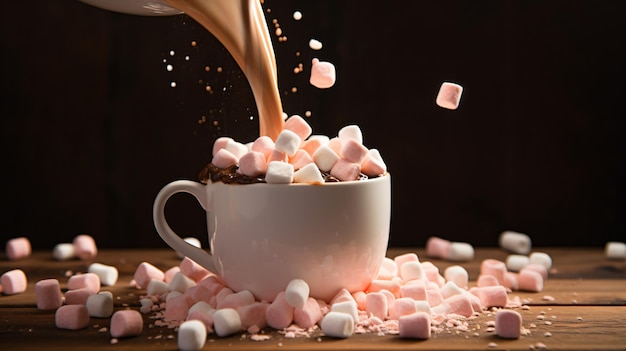 Marshmallow che cadono in una tazza di cioccolata calda