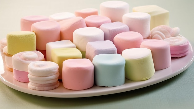 Marshmallow colorati su un piatto bianco primo piano