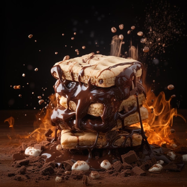 Marshmallow Smores immerso nel cioccolato fuso con spruzzi e onde