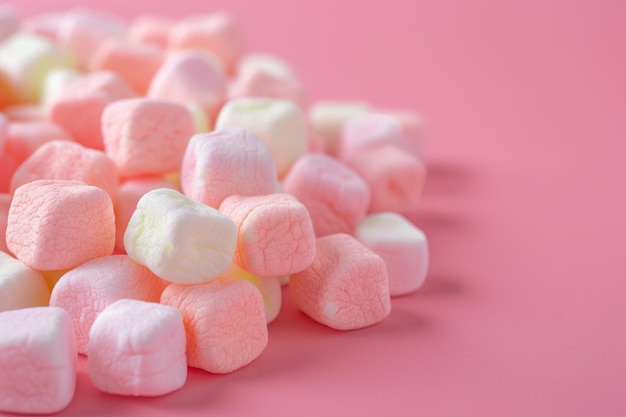 Marshmallows di frutta in massa su sfondo rosa da vicino con spazio di copia