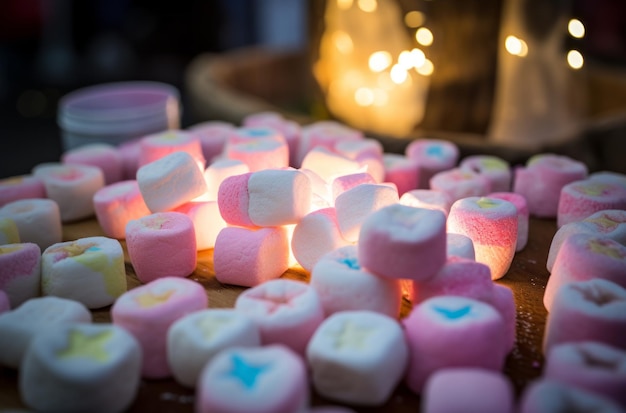 Marshmallows morbidi alla luce di candele calde su tavola