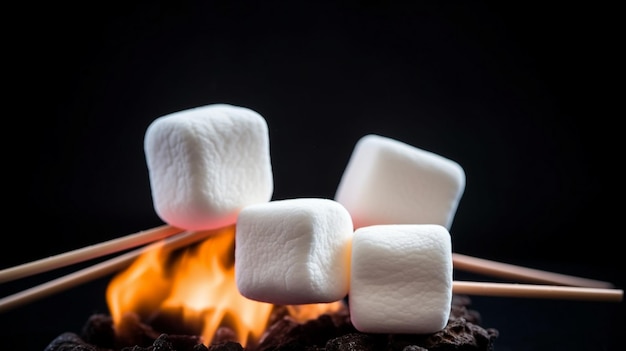 Marshmallows su un bastone arrostito sul fuoco