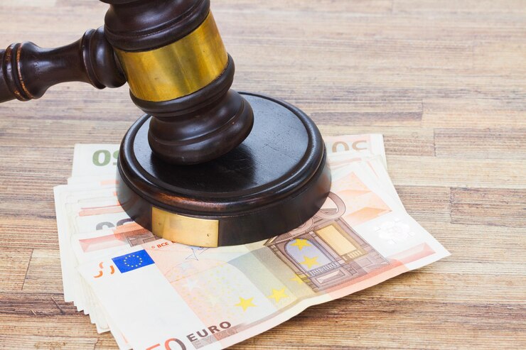 Foto martelletto di legno di legge ed euro soldi sul desktop di legno