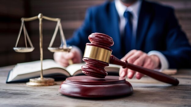 Martello di legno dei giudici sul tavolo in una sala d'udienza o in un ufficio di esecuzione