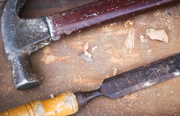 Martello e scalpello. Strumenti di legno Vista dall&#39;alto.