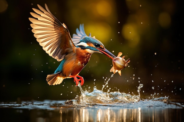 Martin pescatore che cattura un pesce in un fiume