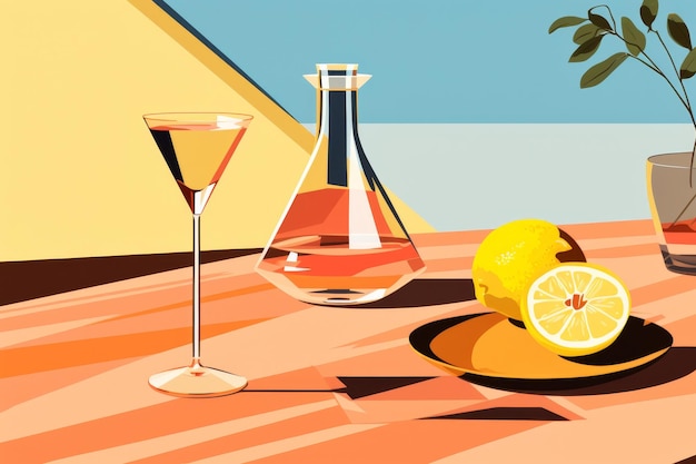 Martini glass wine pitcher fette di limone su piatto illustrazione minimalista in vendita