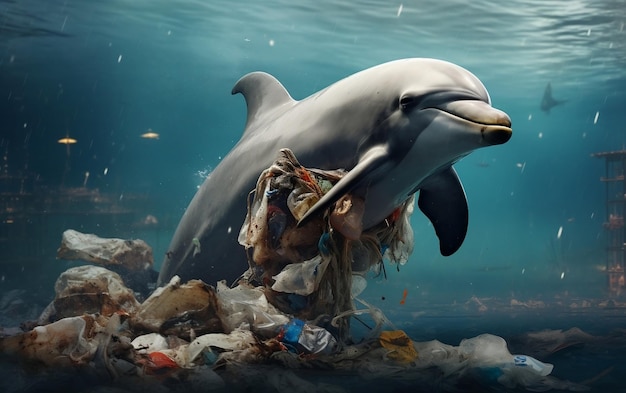Marvel Ocean Dolphin nel suo mare con sacchetti di plastica inquinati Generativa AI