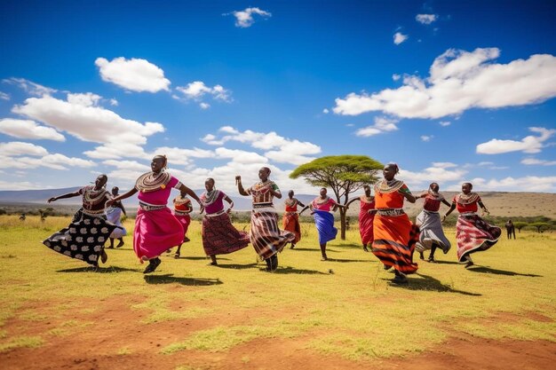 Masai in abiti tradizionali colorati che mostrano la danza di salto dei Masai nel villaggio tribale locale vicino