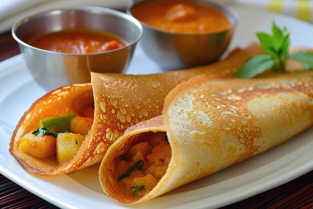 Masala dosa indiano meridionale con riempimento di patate Un tradizionale masala dosa sud indiano riempito di patate piccanti