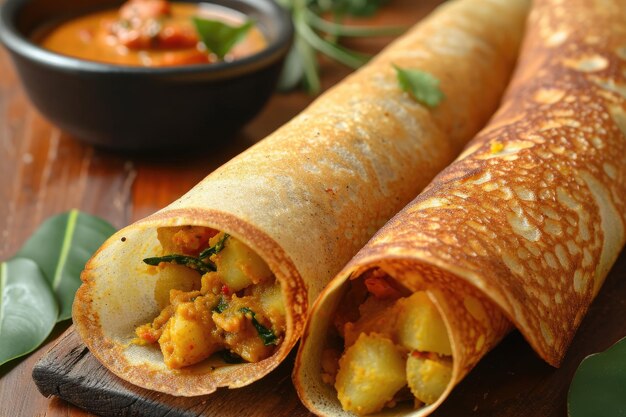 Masala dosa indiano meridionale con riempimento di patate Un tradizionale masala dosa sud indiano riempito di patate piccanti