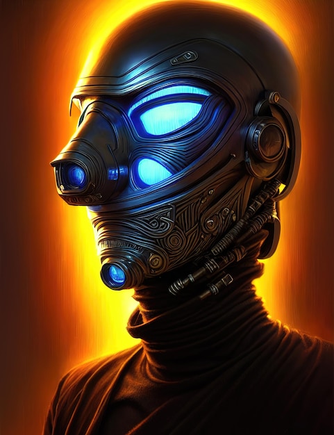 Maschera antigas steampunk ritratto di un robot cyborg in una maschera cyberpunk Un casco d'acciaio sulla sua testa occhi luminosi di una maschera antigas umanoide steampunk illustrazione 3d