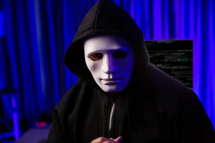 Foto maschera criminale anonima bianca che guarda la telecamera posa del profilo suppone