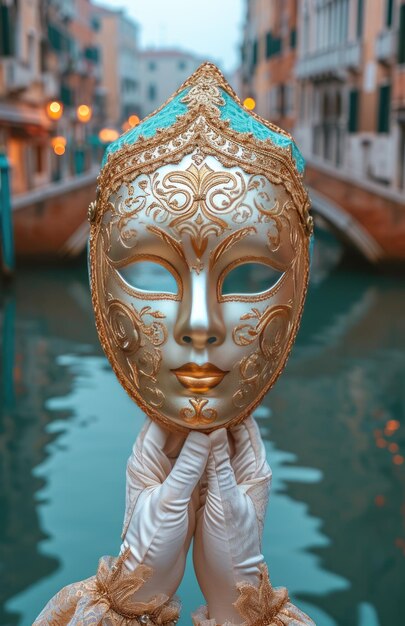 Maschera d'oro del carnevale veneziano sul ponte di Venezia al tradizionale carnevale di Venezia