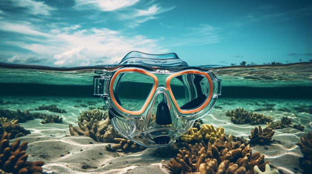 Maschera da snorkeling con lo sfondo del mare