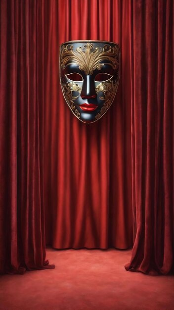 Maschera da teatro su cortina rossa