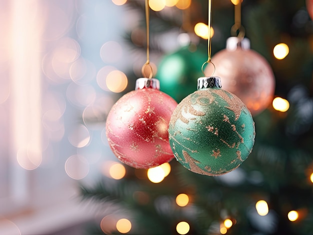 Maschera del primo piano delle sfere di natale rosa e verdi lucide con le luci vaghe dell'albero di natale di carnevale