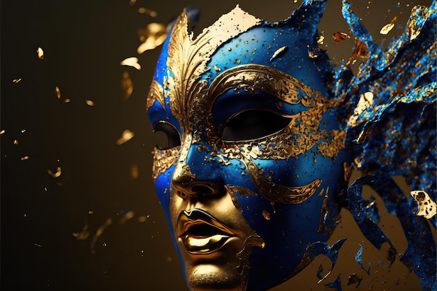 Maschera di carnevale blu e gialla con glitter su uno sfondo di coriandoli e stelle filanti in lamina d'oro