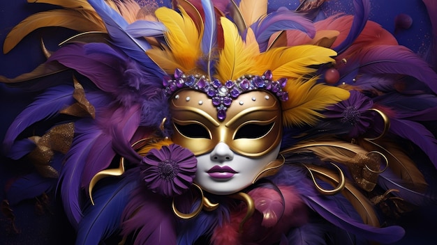 Maschera di carnevale colorata e sontuosa adornata di gioielli e piume