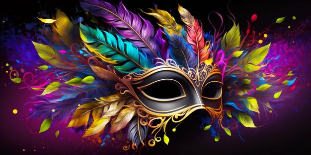 Maschera di carnevale colorata su sfondo nero IA generativa