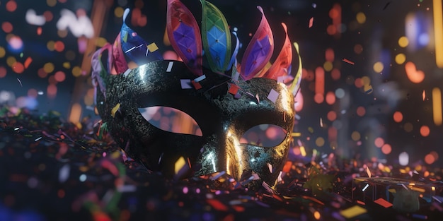 Maschera di carnevale con coriandoli e luci AI generativa