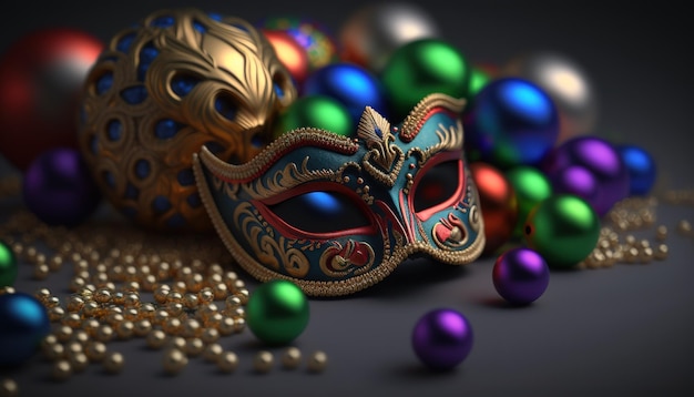 Maschera di carnevale con decorazioni sul tavoloBella con disegno per il carnevale del Brasile Buon Carnevale Brasile Sud America Carnevale AI