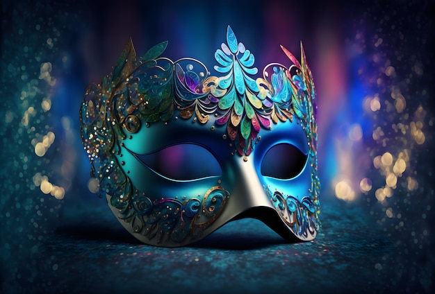 Maschera di carnevale con elementi decorativi per una vacanza o una parte su un elegante sfocato luminoso saturo