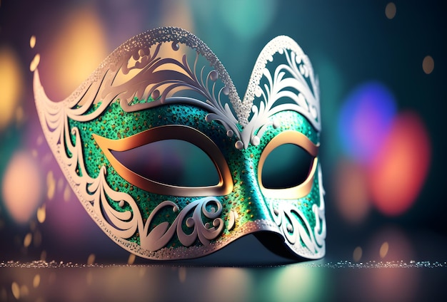 Maschera di carnevale con elementi decorativi per una vacanza o una parte su un elegante sfocato luminoso saturo