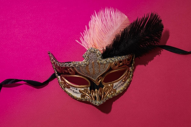 Maschera di Carnevale con piume su sfondo rosa