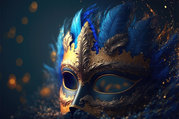 Maschera di carnevale di lusso realistica con piume blu Astratto sfondo sfocato polvere d'oro ed effetti di luce Ai generati