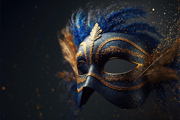 Maschera di carnevale di lusso realistica con piume blu Astratto sfondo sfocato polvere d'oro ed effetti di luce Ai generati