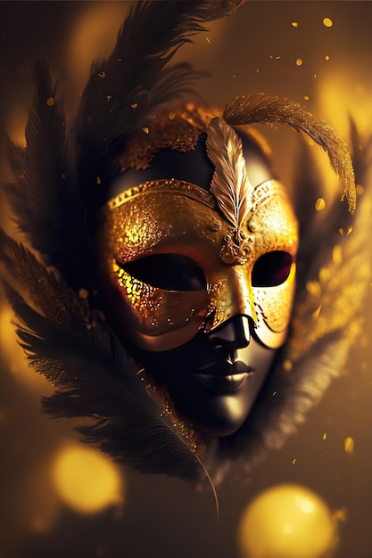 Maschera di carnevale di lusso realistica con piume gialle Astratto sfondo sfocato polvere d'oro ed effetti di luce Ai generati