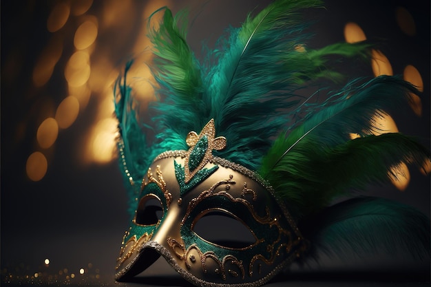 Maschera di carnevale di lusso realistica con piume verdi Astratto sfondo verde sfocato polvere d'oro ed effetti di luce Ai generati