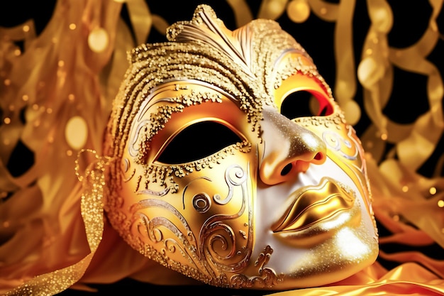 Maschera di carnevale per tutto il viso oro e bianco Festival maschera d'oro con piume d'oro sullo sfondo