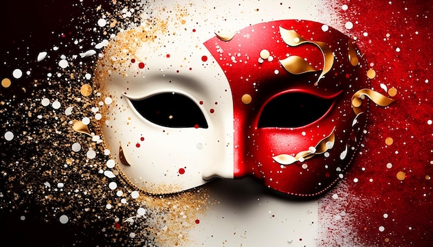 maschera di carnevale rossa e bianca con glitter su sfondo rosso