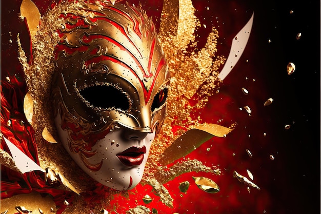 Maschera di carnevale rossa e bianca con glitter su uno sfondo di coriandoli e stelle filanti in lamina d'oro