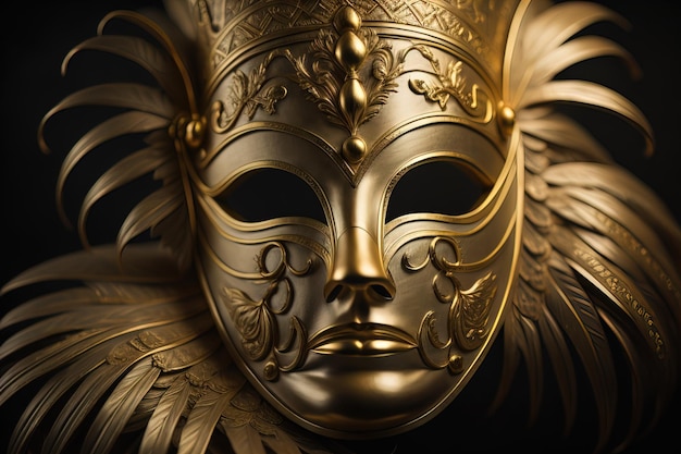 Maschera di carnevale veneziana con ornamento dorato su uno sfondo di colore solido ai generativo