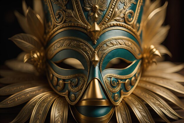 Maschera di carnevale veneziana con ornamento dorato su uno sfondo di colore solido ai generativo