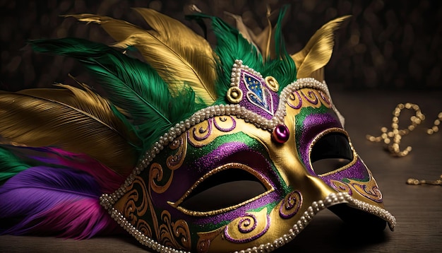 Maschera di carnevale veneziano con sfondo di piume colorate