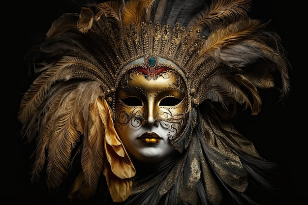 Maschera di carnevale veneziano piume color oro bellissimo realistico Generative AI AIG15