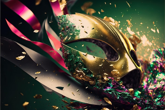 Maschera di carnevale verde e rosa con glitter su uno sfondo di coriandoli e stelle filanti in lamina d'oro