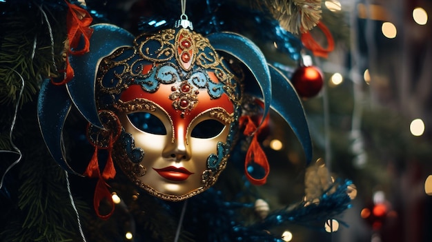 Maschera di carnevale vicino all'albero di Natale