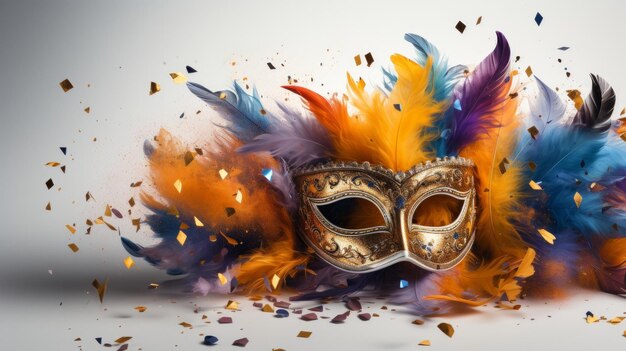 maschera di mascherata colorata con piume e confetti