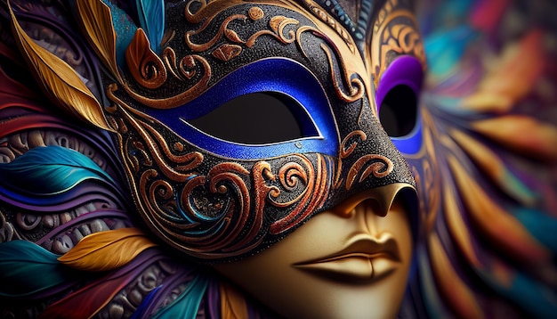 Maschera di moda carnevale di lusso realistica piume astratto sfondo sfocato IA generativa