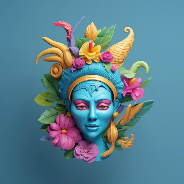 Maschera Mardi Gras con fiori su sfondo blu illustrazione 3D