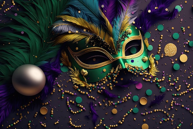 Maschera mardi gras con molti coriandoli luccicanti glitter e piume Rete neurale arte generata dall'IA