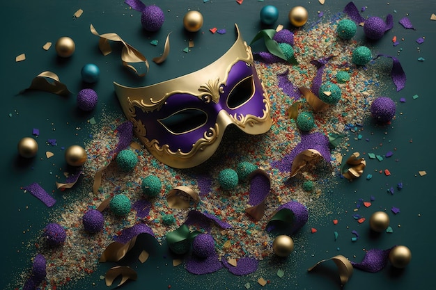 Maschera mardi gras con molti coriandoli luccicanti glitter e piume Rete neurale arte generata dall'IA